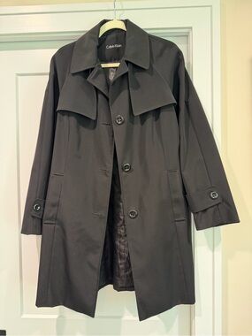 Calvin Klein Black Women's Trench Coat with Storm Flap and Detachable Hood M
